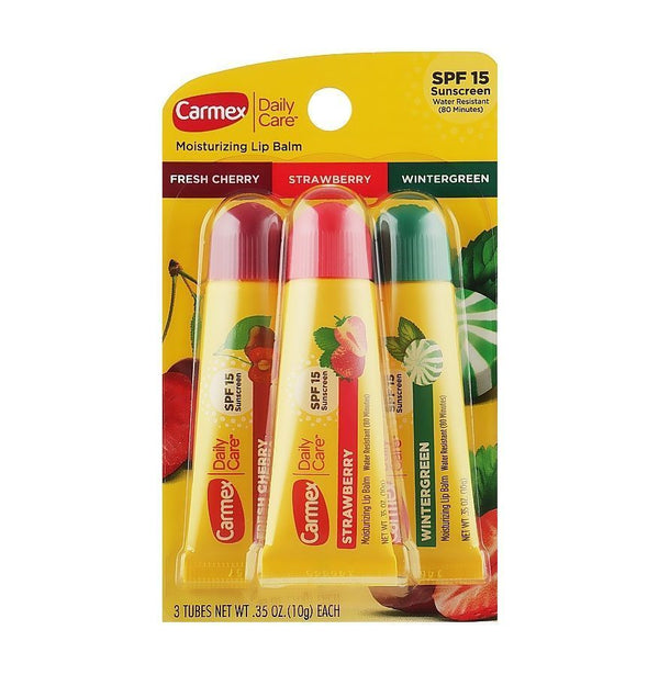 Carmex Daily Care Moisturizing Lip Balm Tubes – SPF 15
Fresh Cherry – Strawberry – Wintergreen