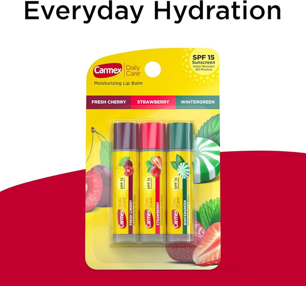 Carmex Daily Care Moisturizing Lip Balm Trio (SPF 15)
Fresh Cherry – Strawberry – Wintergreen