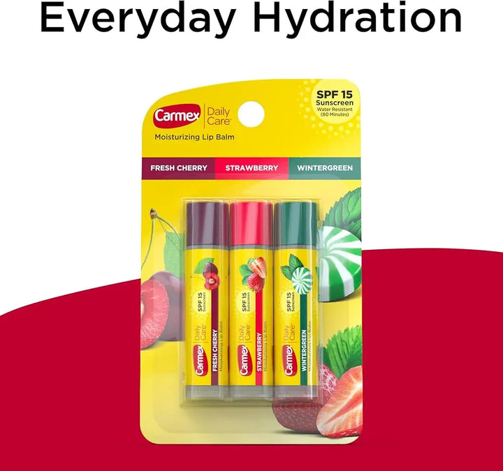 Carmex Daily Care Moisturizing Lip Balm Trio (SPF 15)
Fresh Cherry – Strawberry – Wintergreen Maliha Beauty